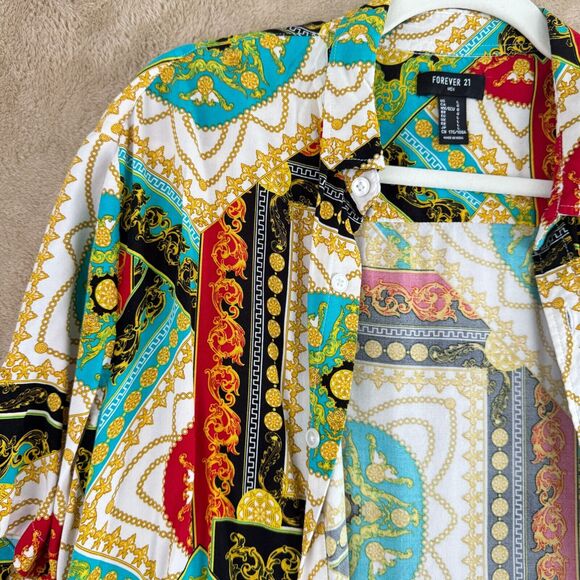 Forever 21 Button Down Shirt Mens L White Black Baroque All Over Print Viscose - Picture 7 of 12
